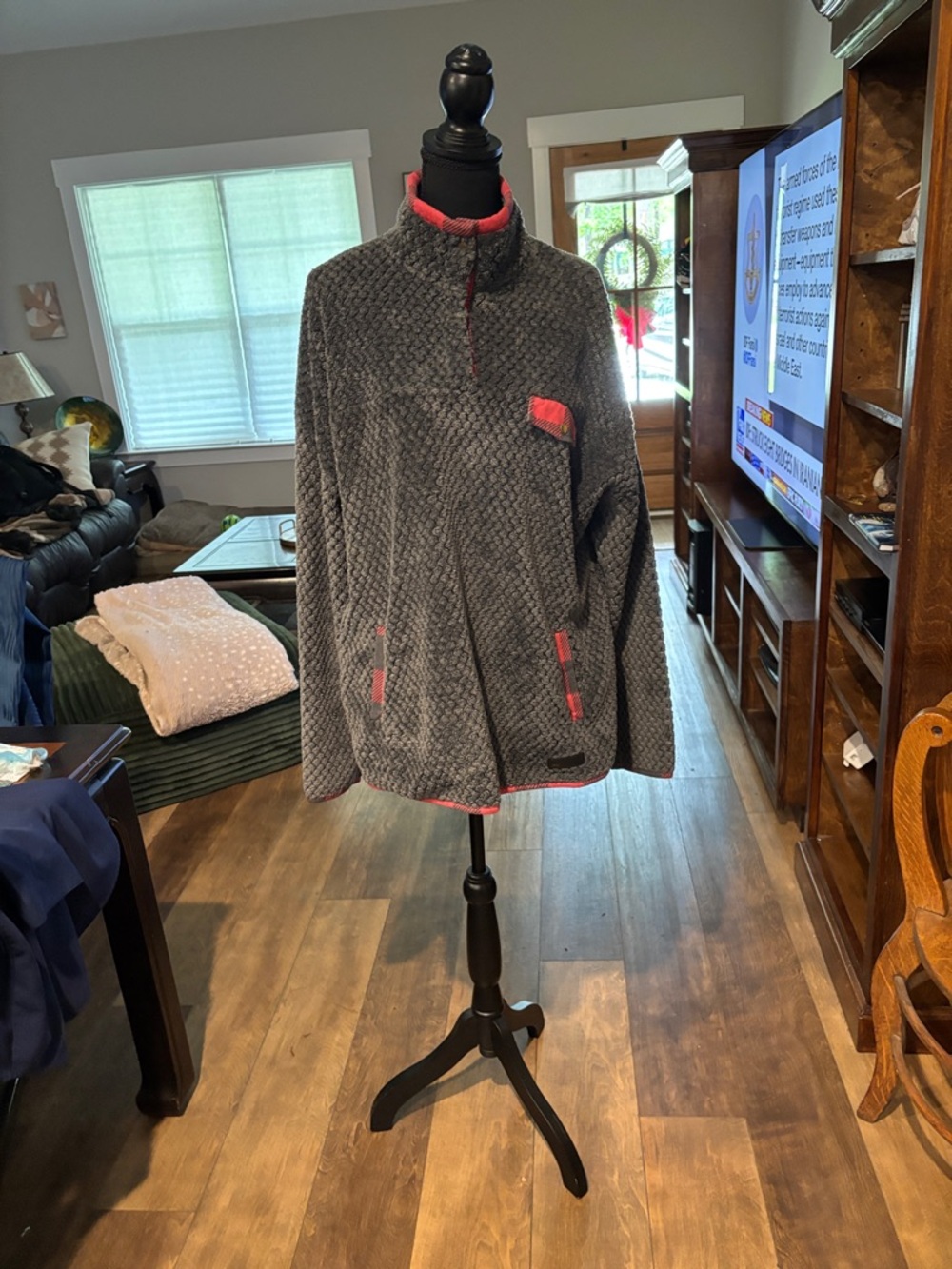 Simply Southern Gray Fleece Pullover with red plaid trim